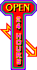 Open 24 Hours flashing neon sign